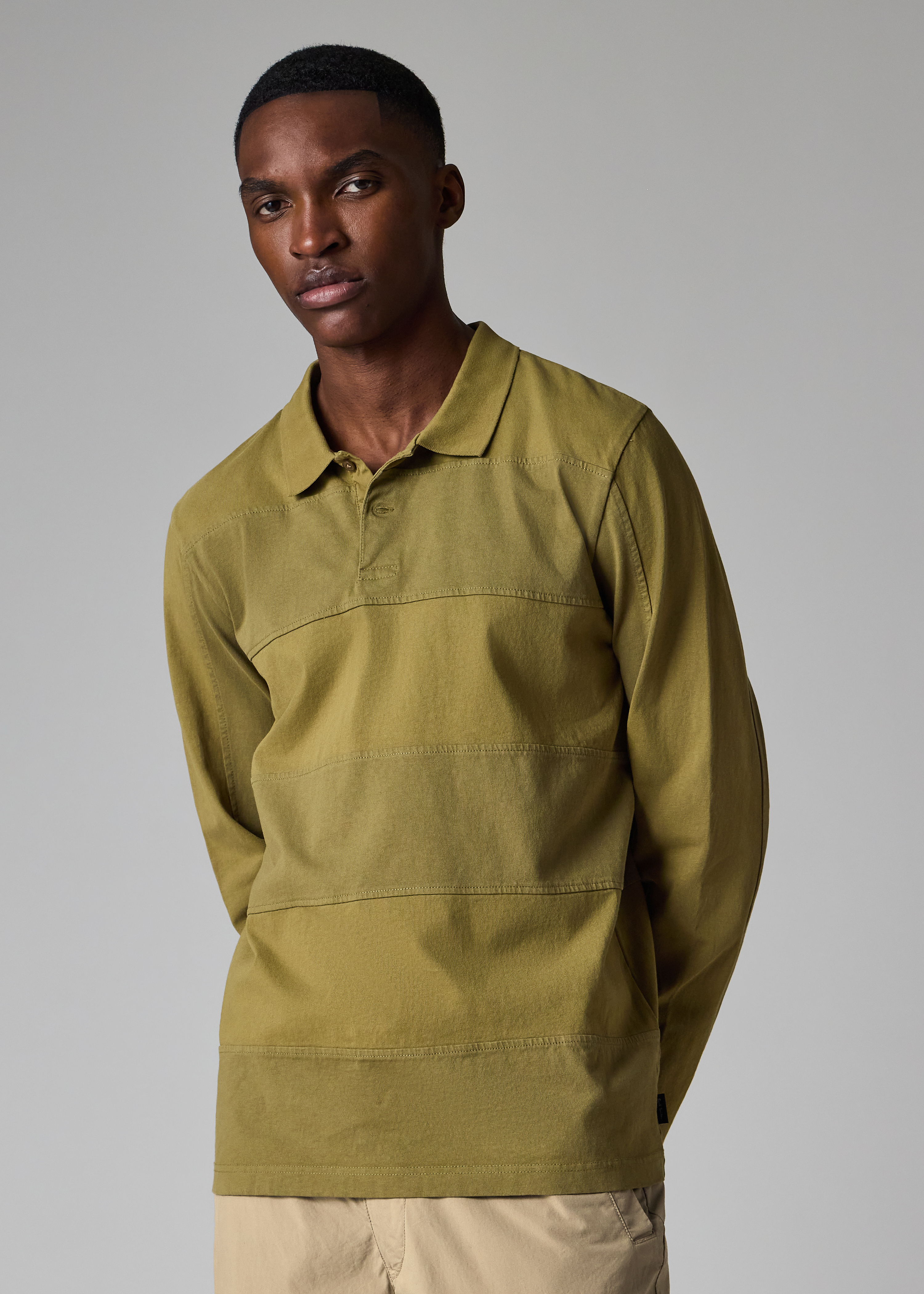 Khaki Block Stripe Rugby Polo Shirt