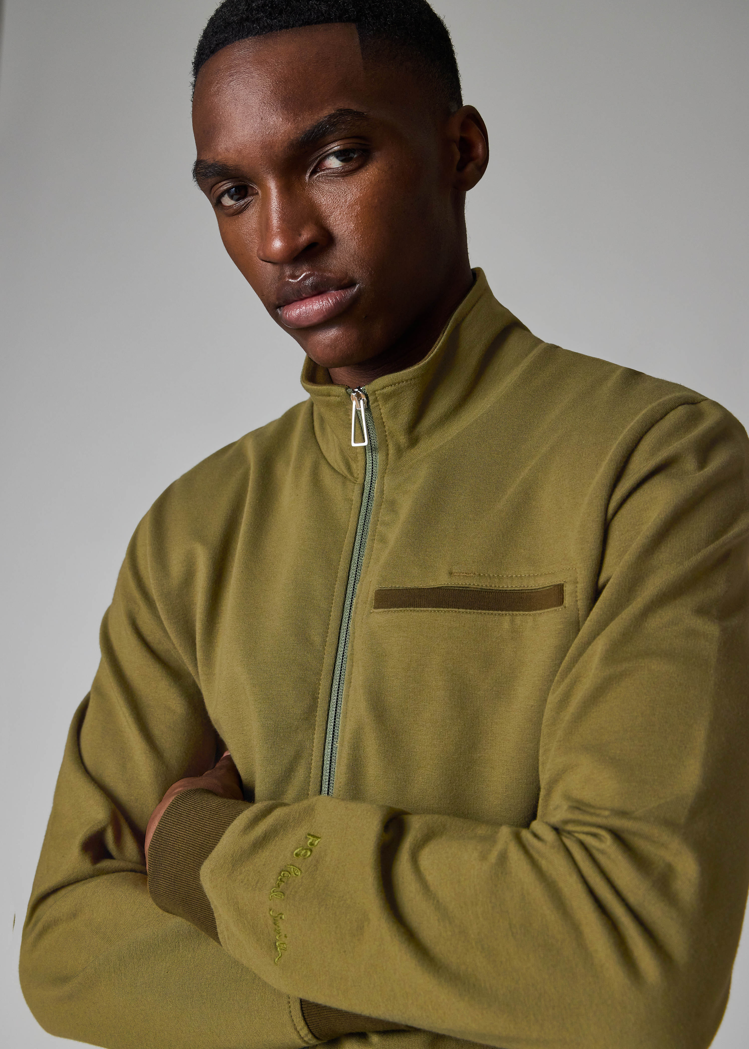 Cotton-Blend Khaki Zip Sweatshirt