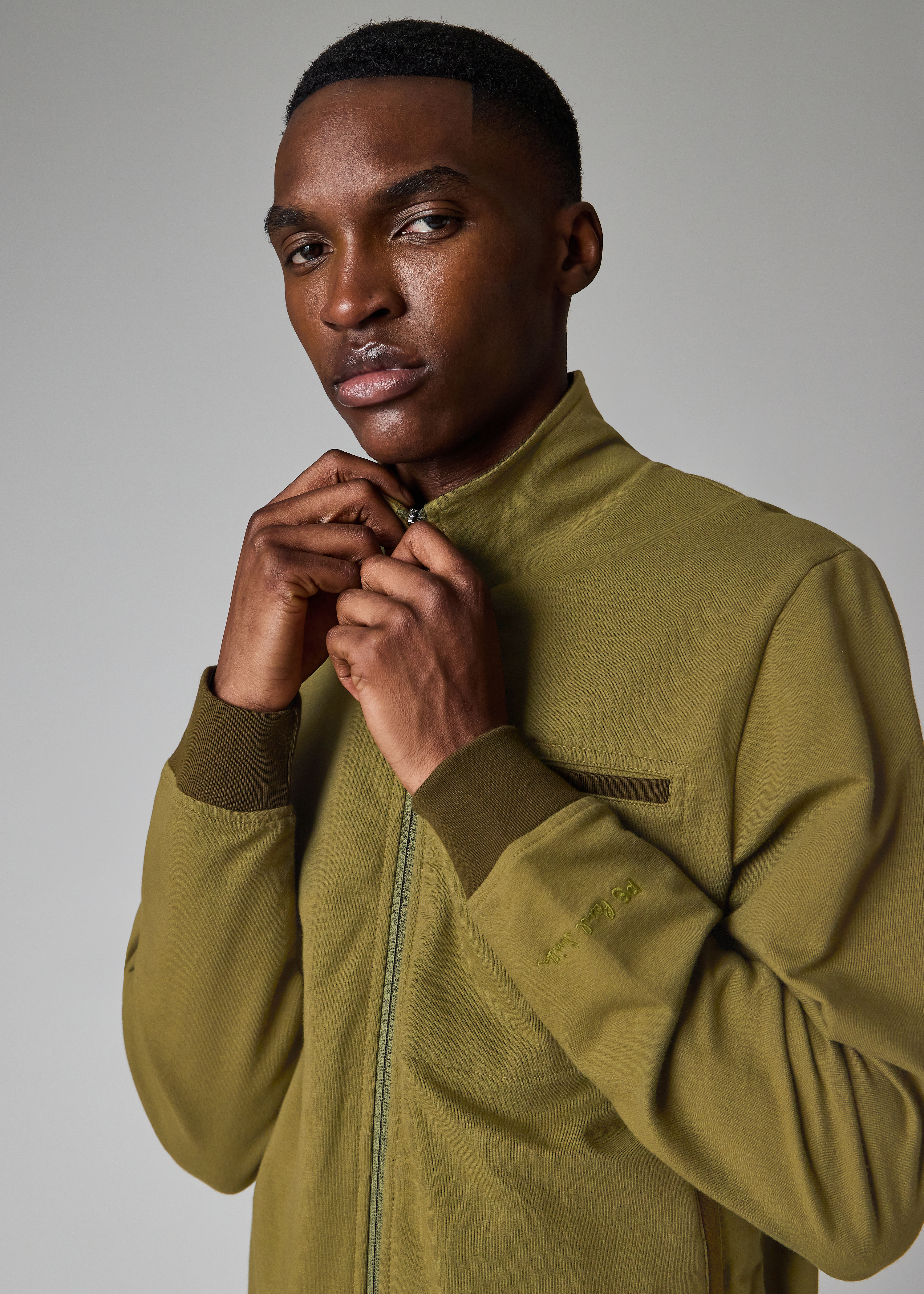 Cotton-Blend Khaki Zip Sweatshirt