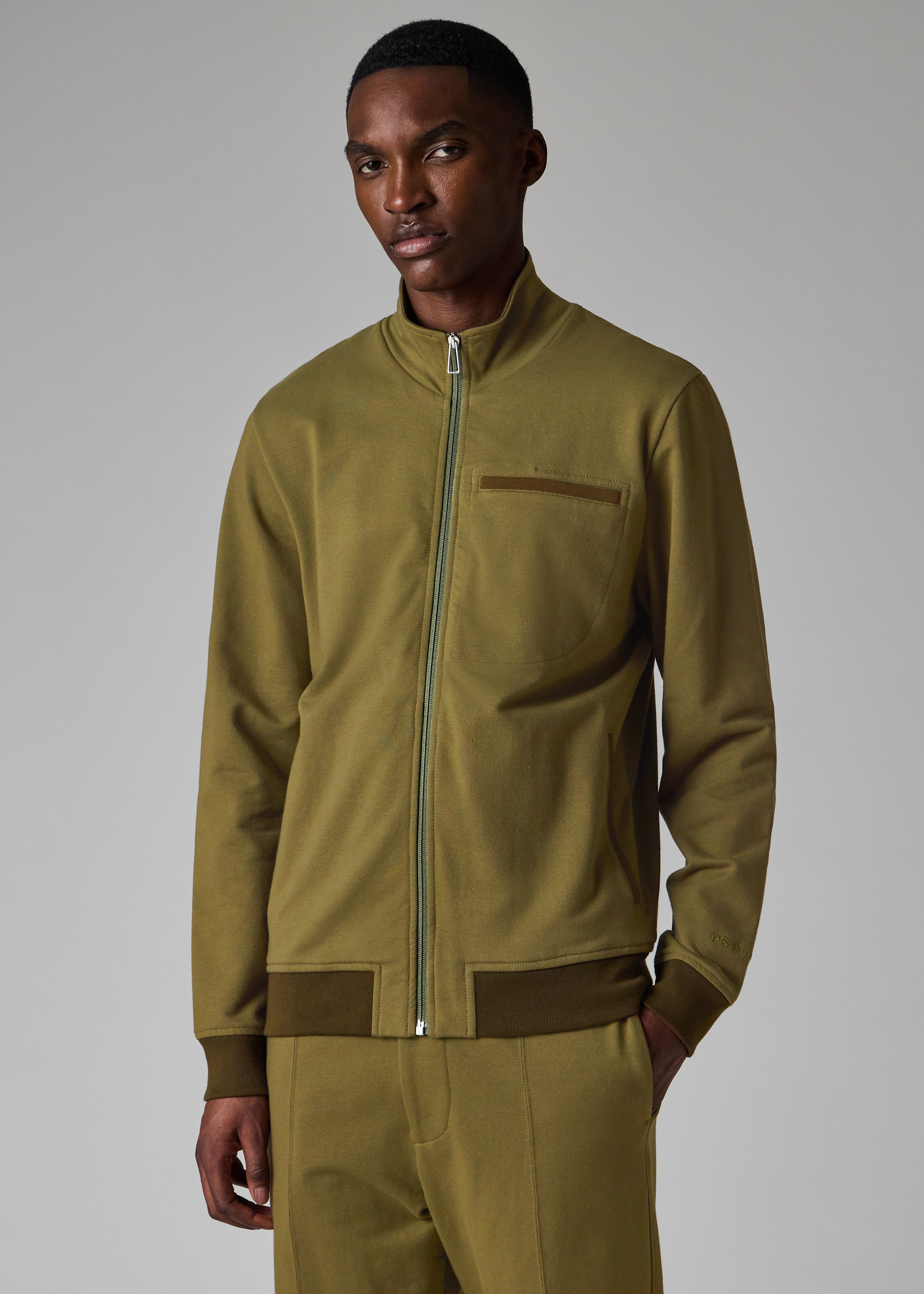 Cotton-Blend Khaki Zip Sweatshirt
