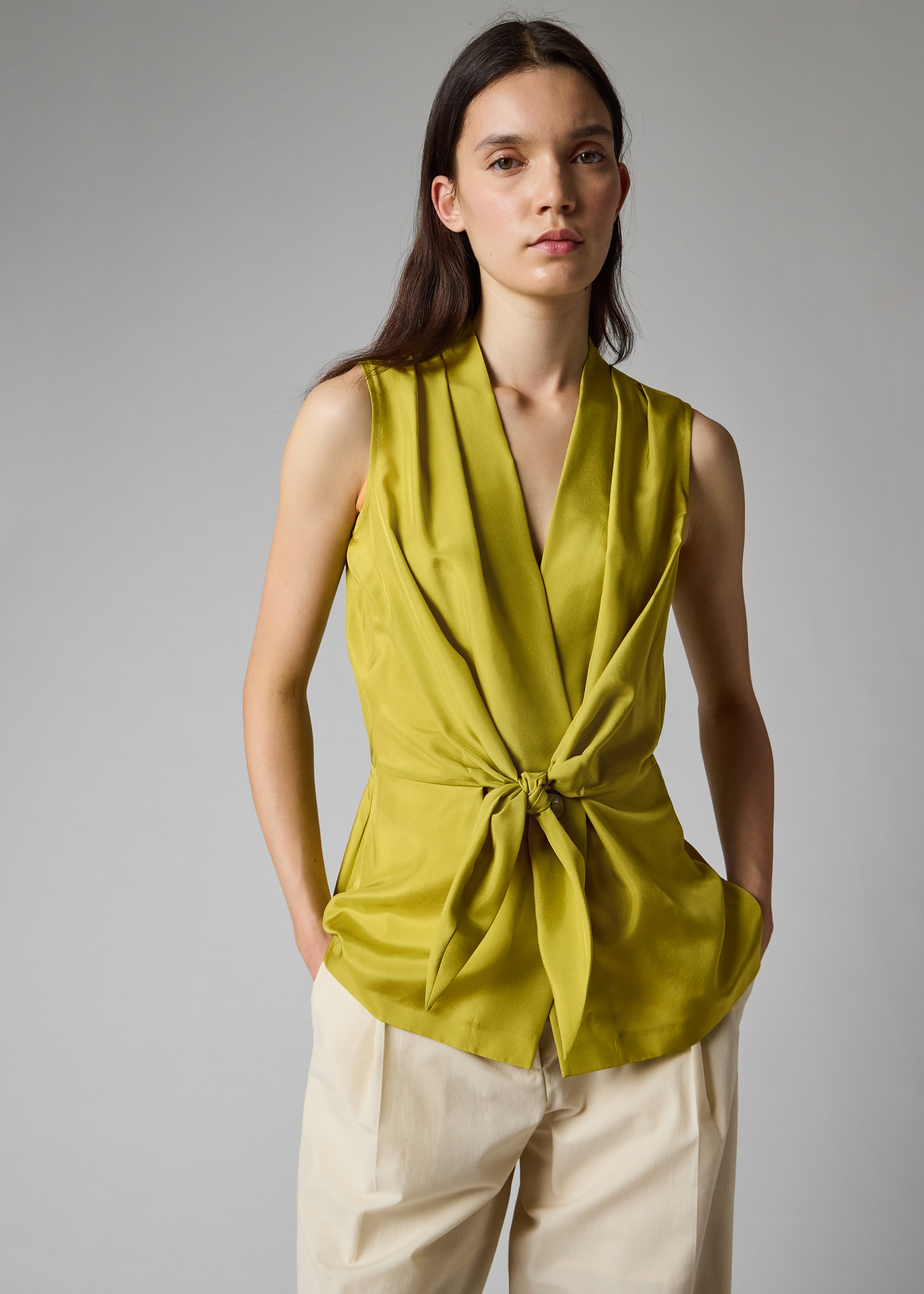Women's Bright Green Silk Front Tie Top