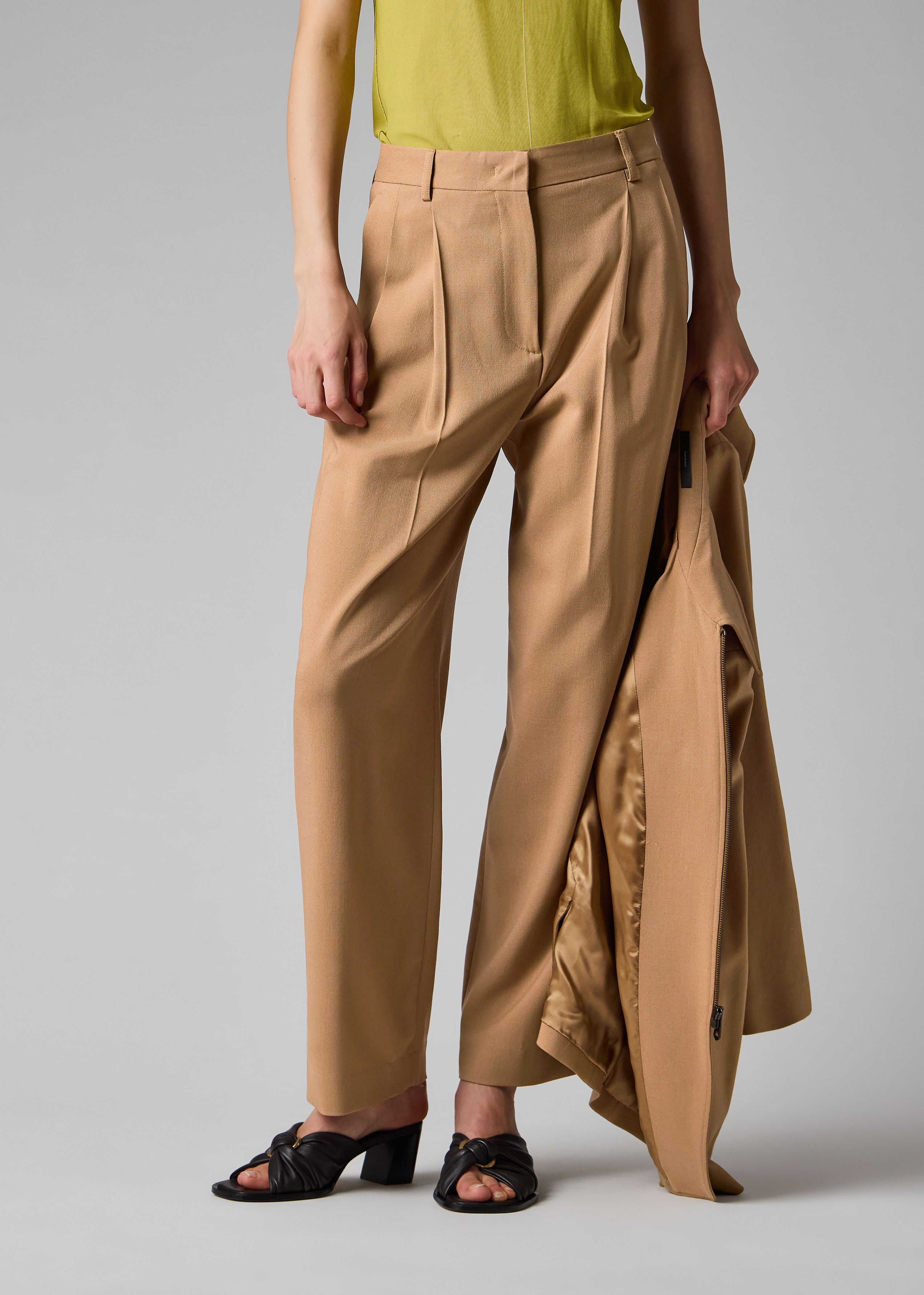 Women's Tan Brown Two-Ply Merino Wool Pleated Trousers