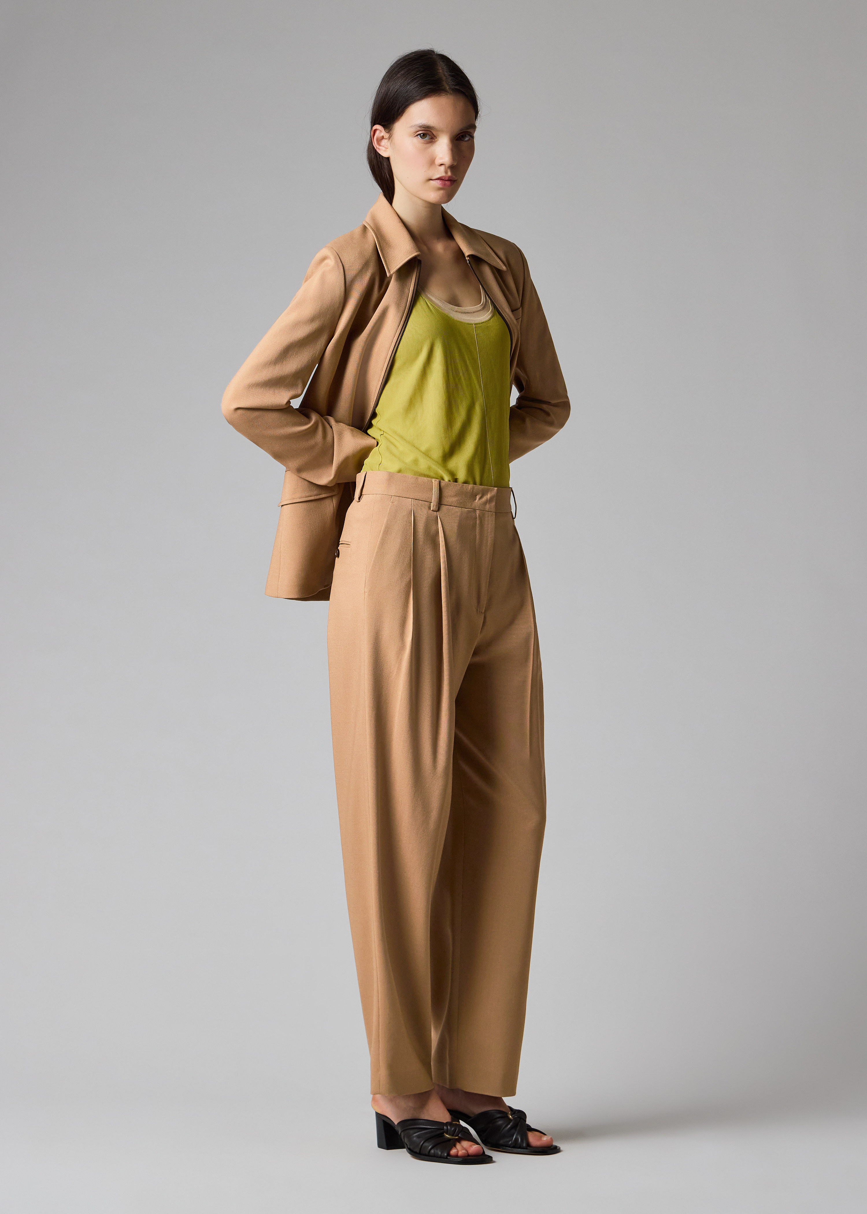 Women's Tan Brown Two-Ply Merino Wool Pleated Trousers