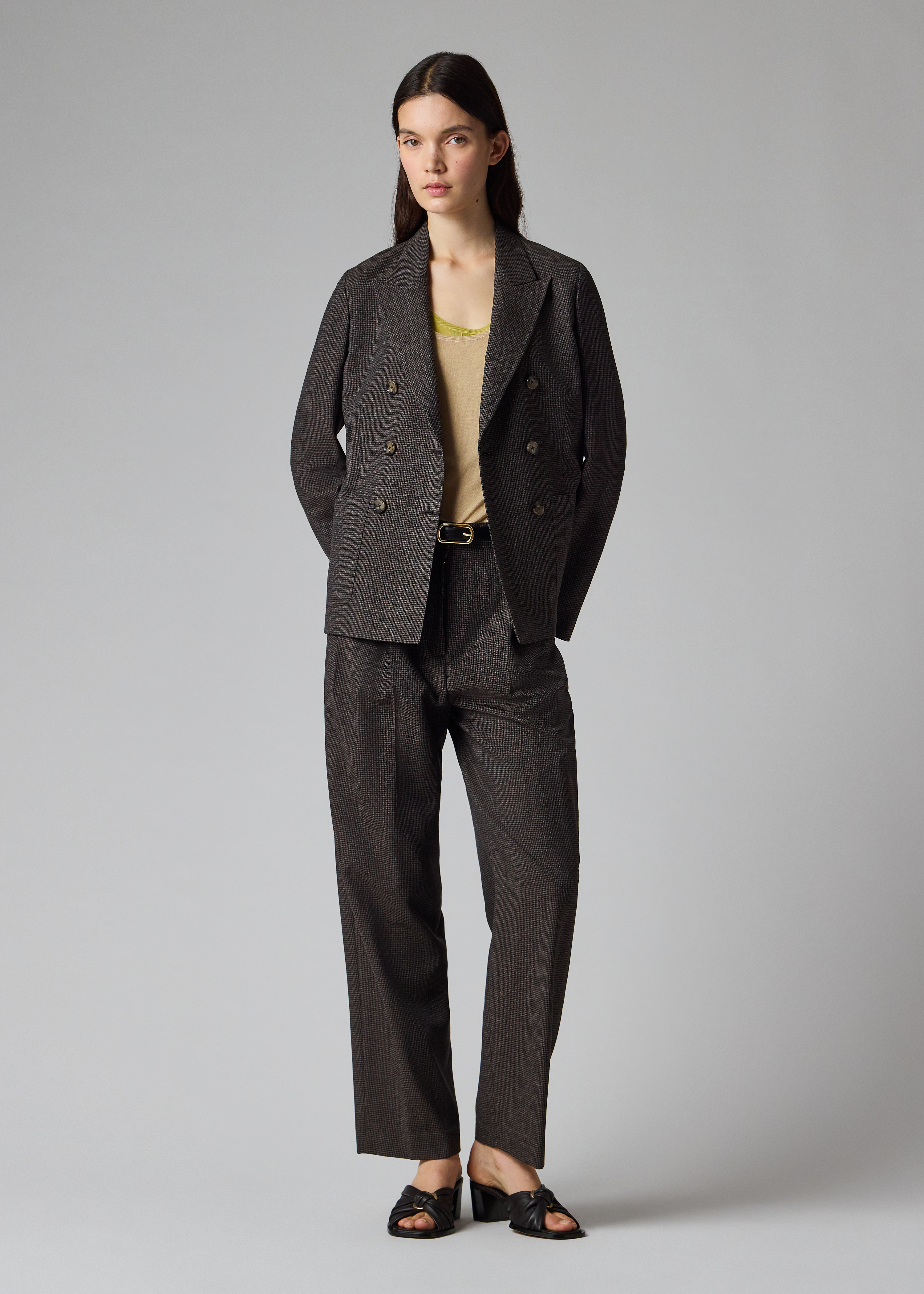 Women's Brown Wool Houndstooth Double Breasted Blazer