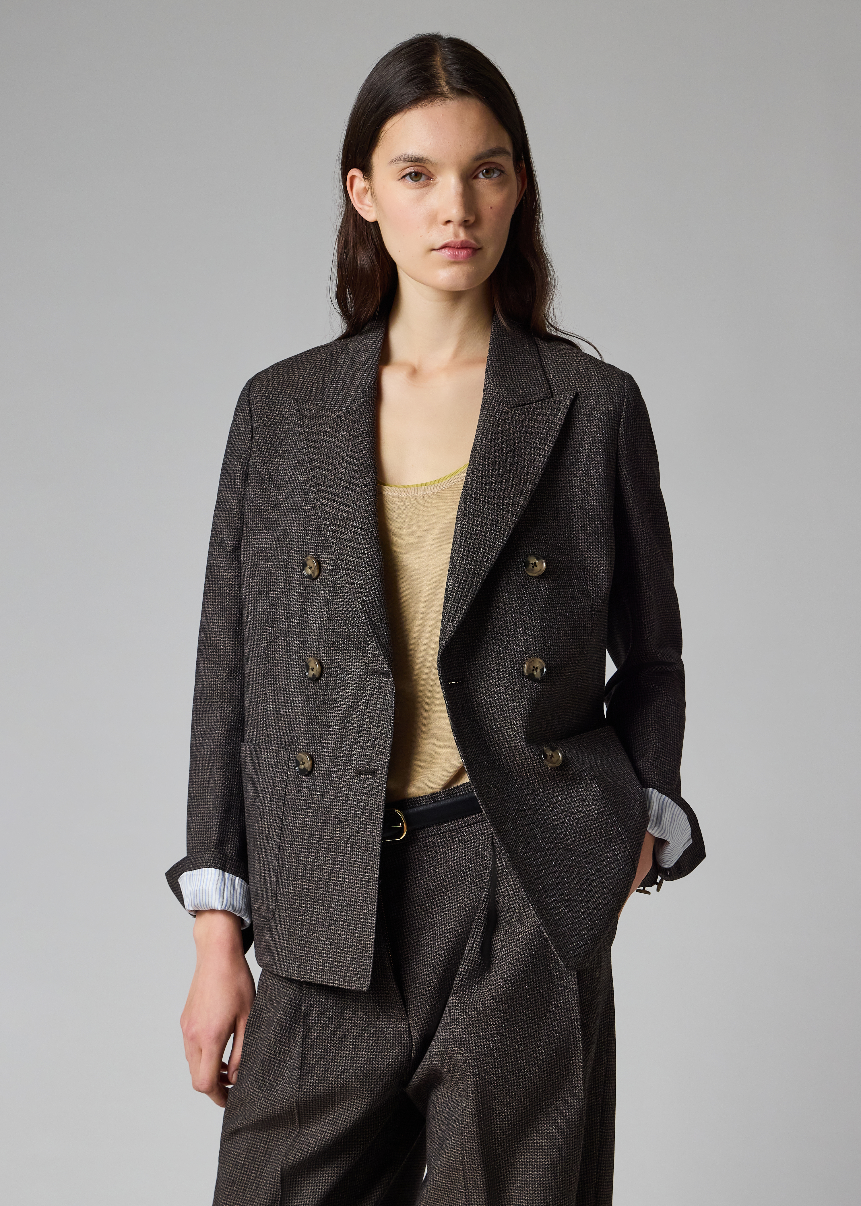 Women's Brown Wool Houndstooth Double Breasted Blazer