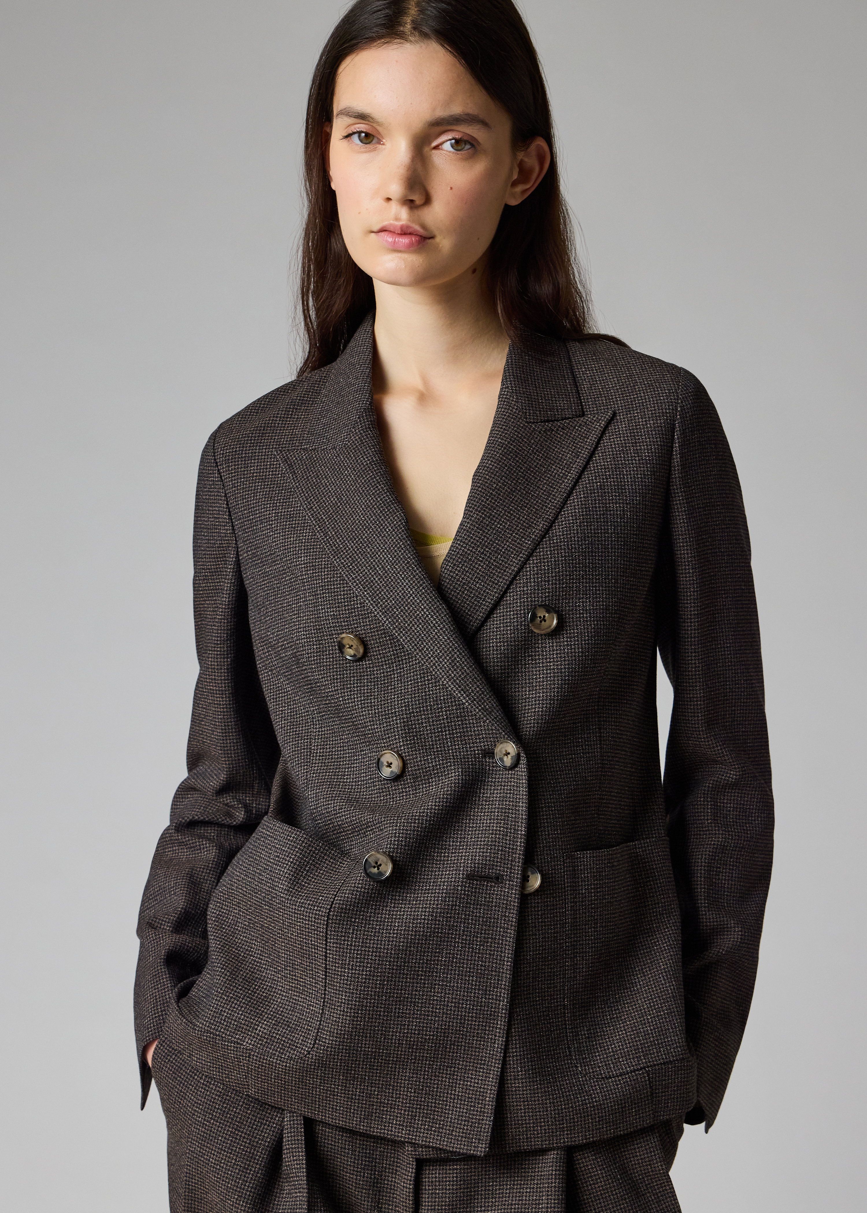 Women's Brown Wool Houndstooth Double Breasted Blazer