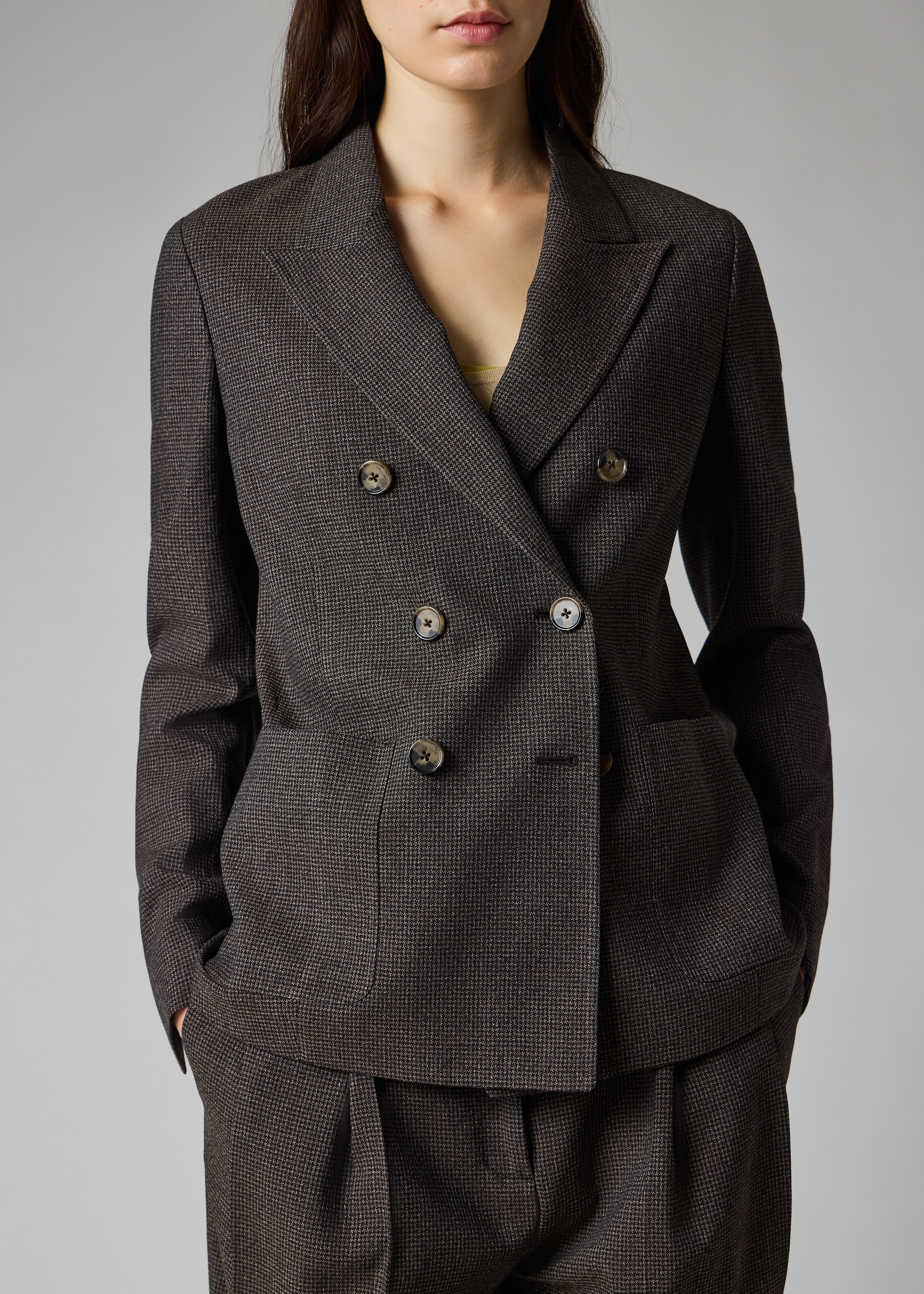 Women's Brown Wool Houndstooth Double Breasted Blazer