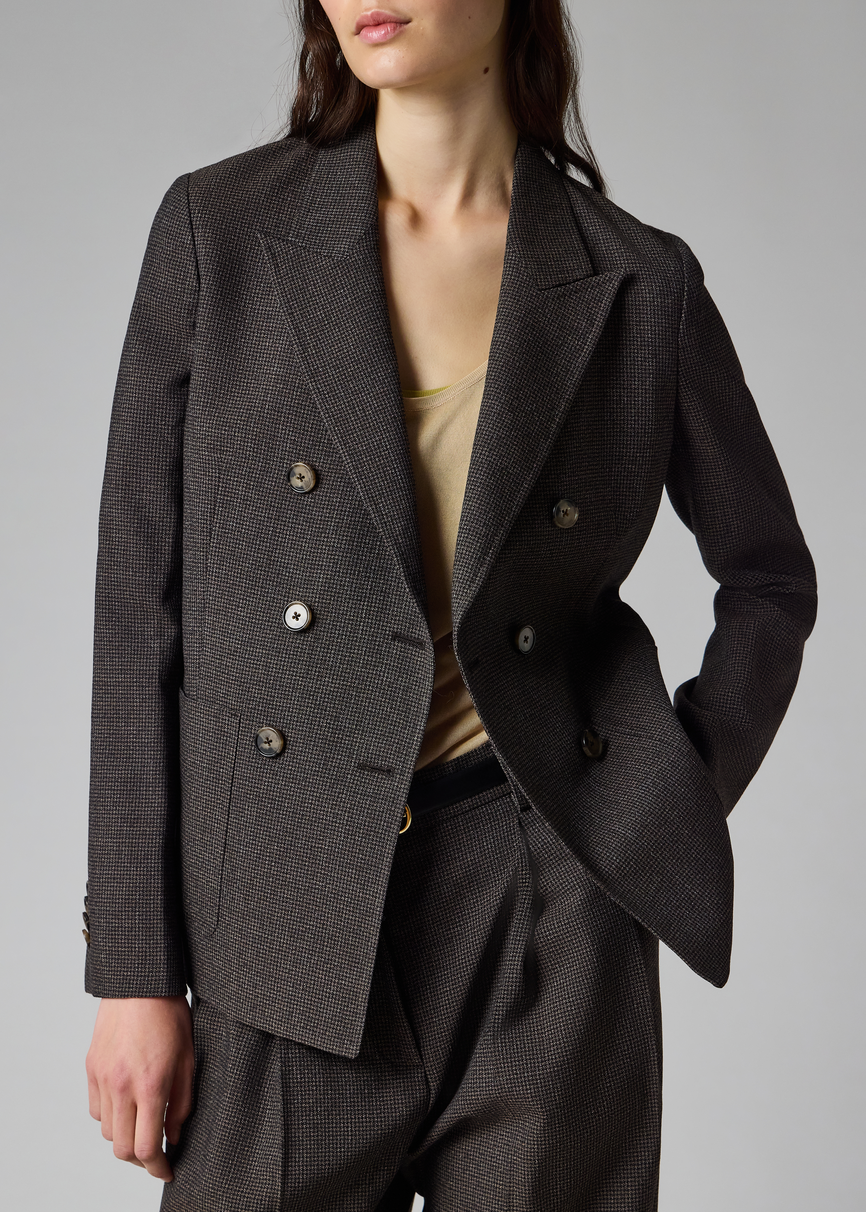 Women's Brown Wool Houndstooth Double Breasted Blazer