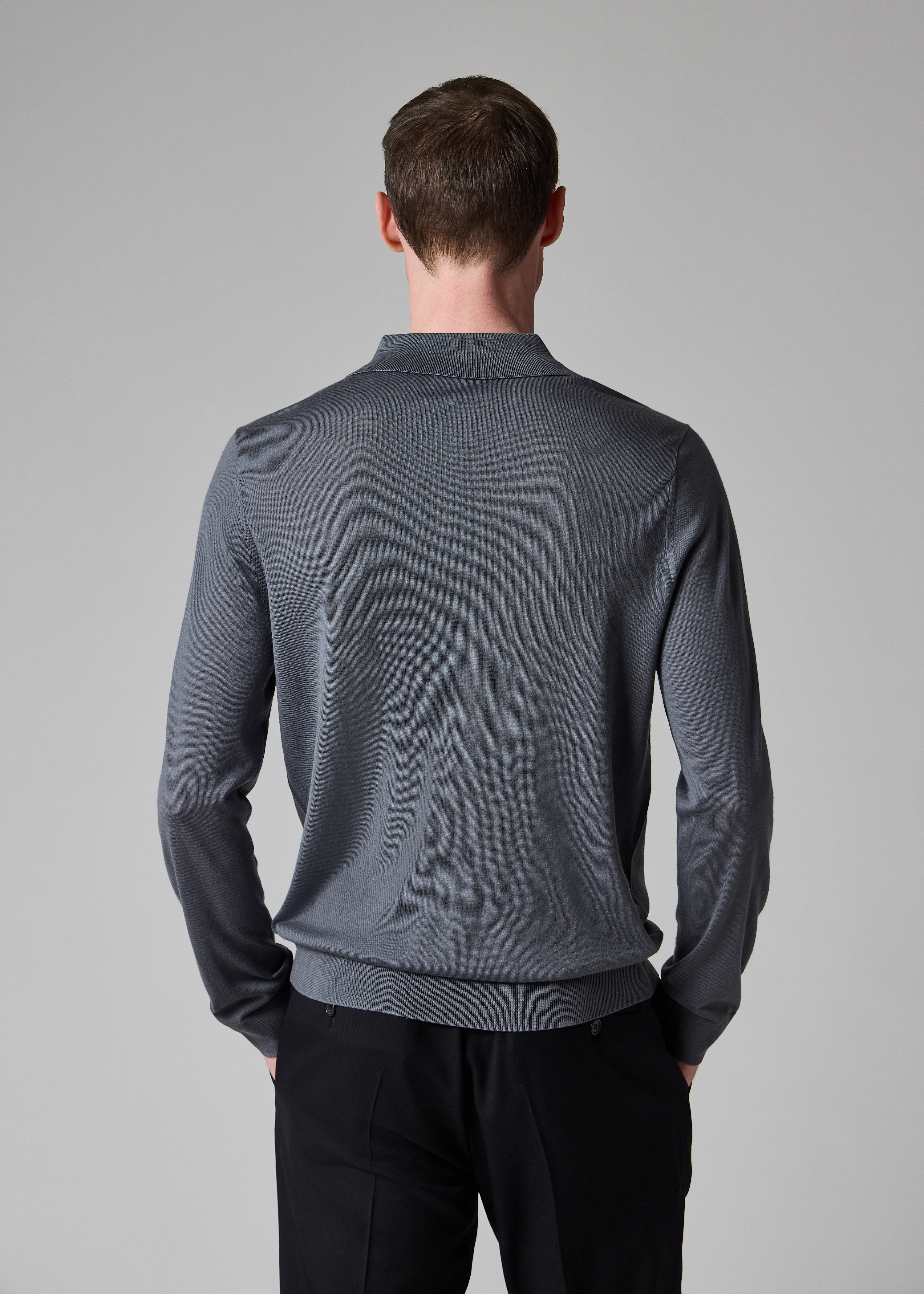 Steel Blue Merino Wool Knitted Long-Sleeve Polo Shirt