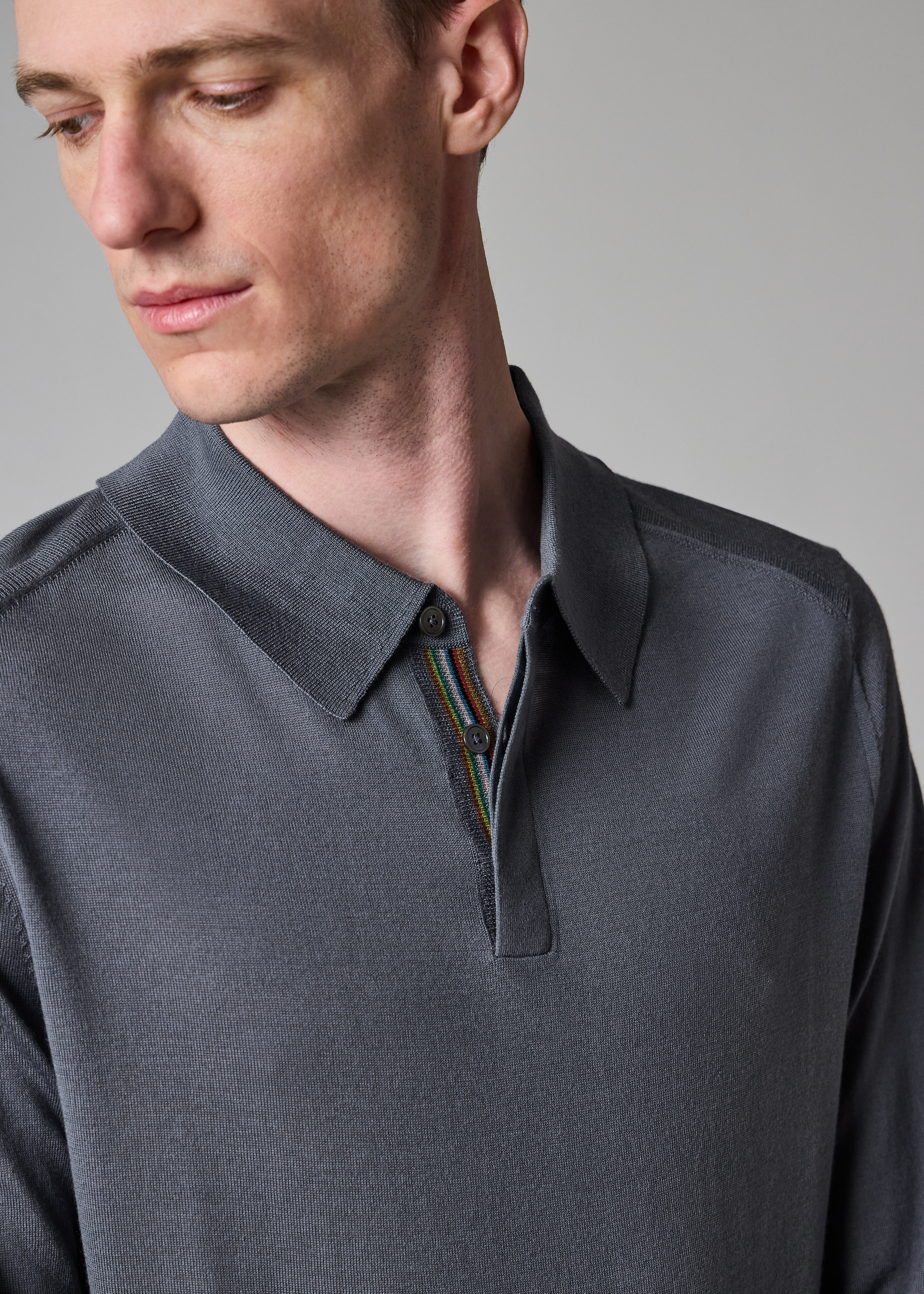 Steel Blue Merino Wool Knitted Long-Sleeve Polo Shirt