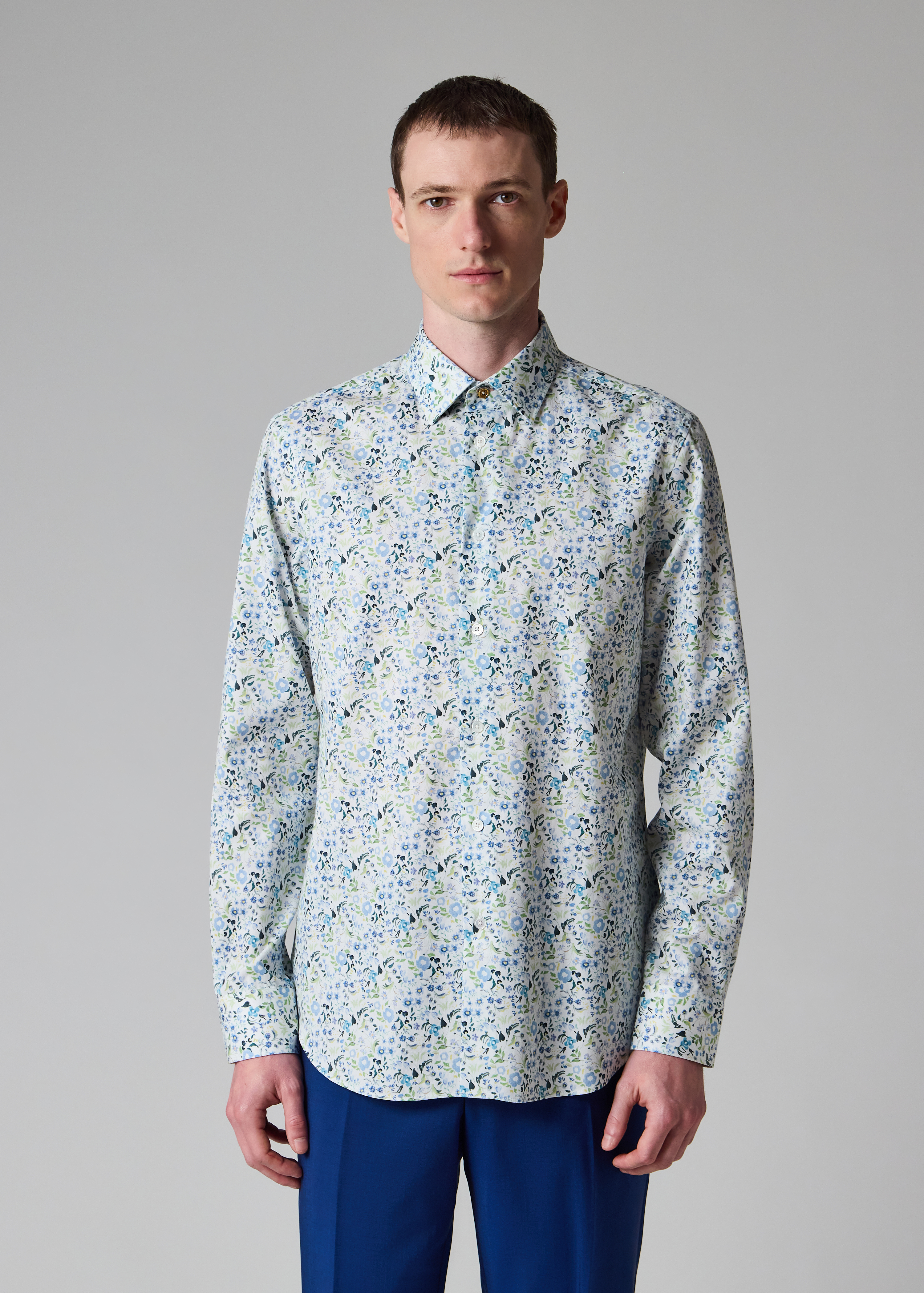 Tailored-Fit Blue 'Watercolour Blossom' Print Shirt