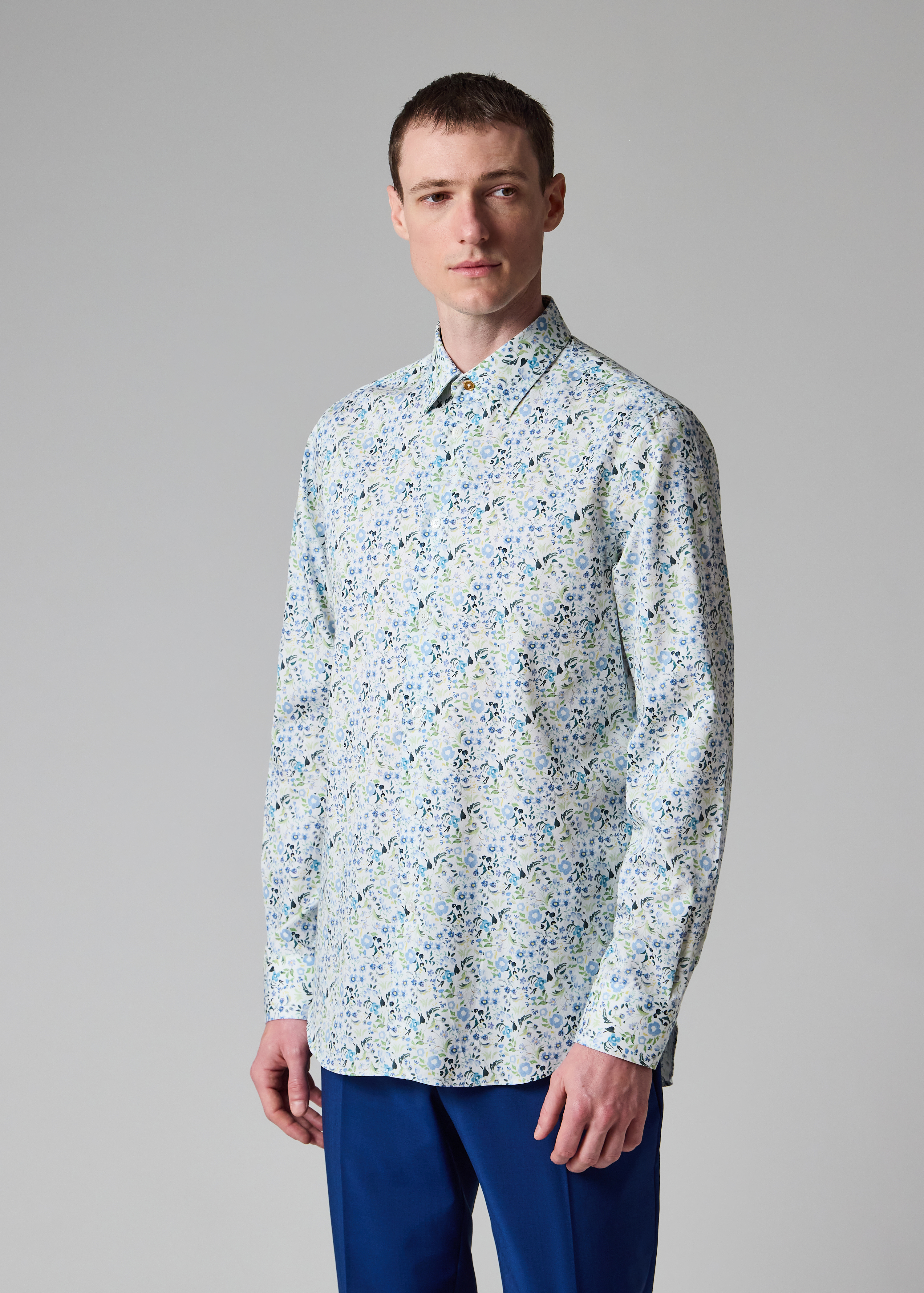 Tailored-Fit Blue 'Watercolour Blossom' Print Shirt