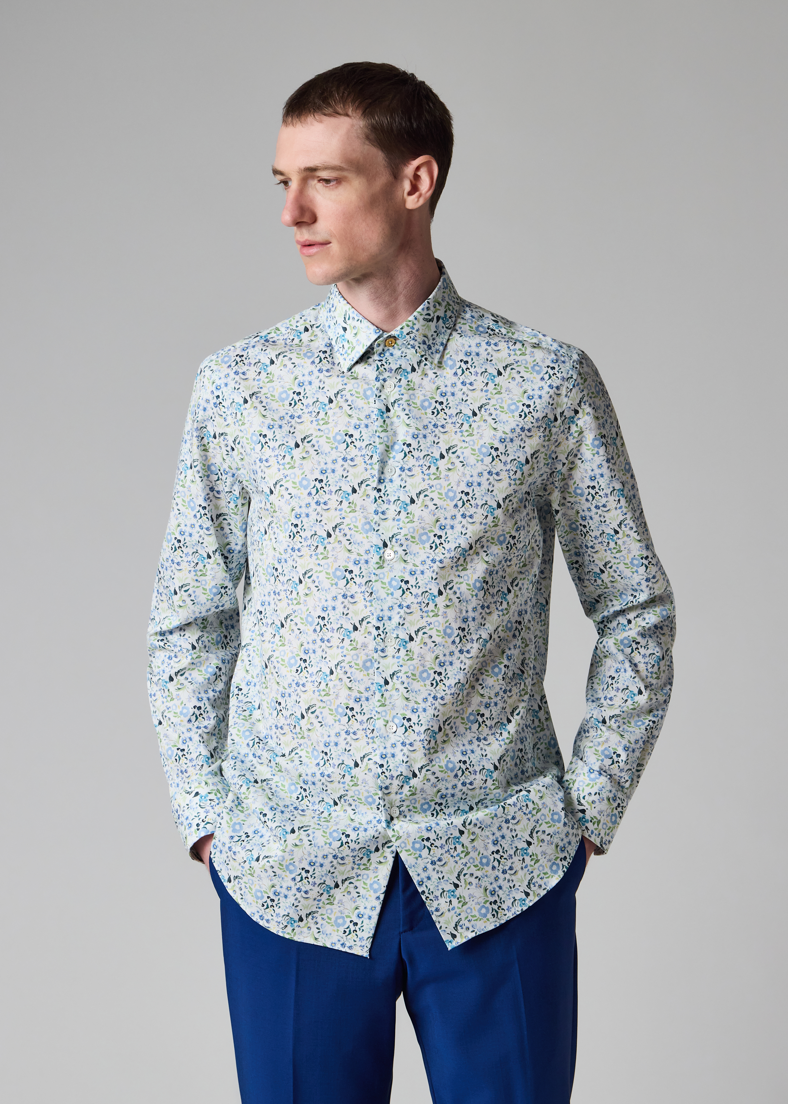 Tailored-Fit Blue 'Watercolour Blossom' Print Shirt