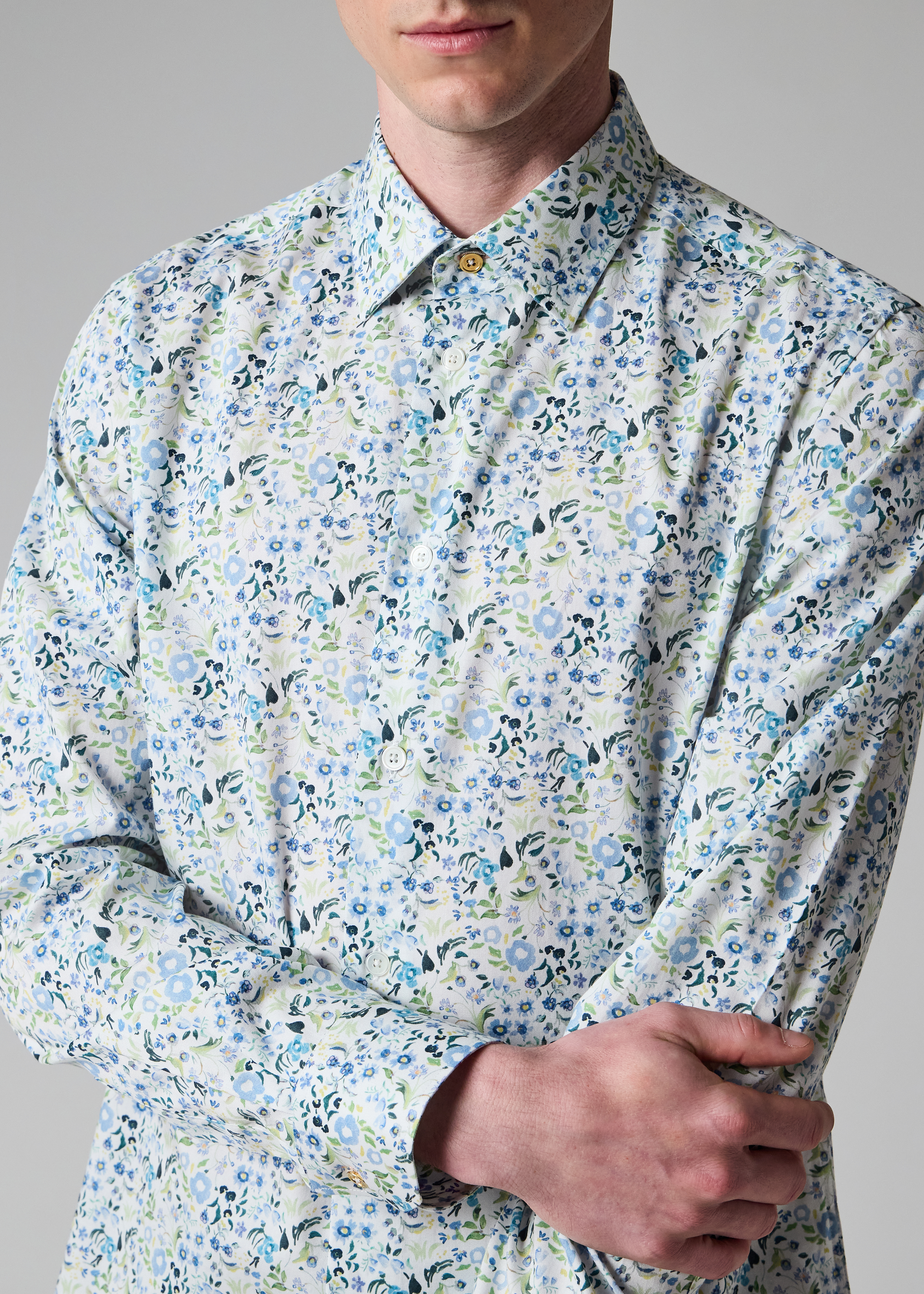 Tailored-Fit Blue 'Watercolour Blossom' Print Shirt