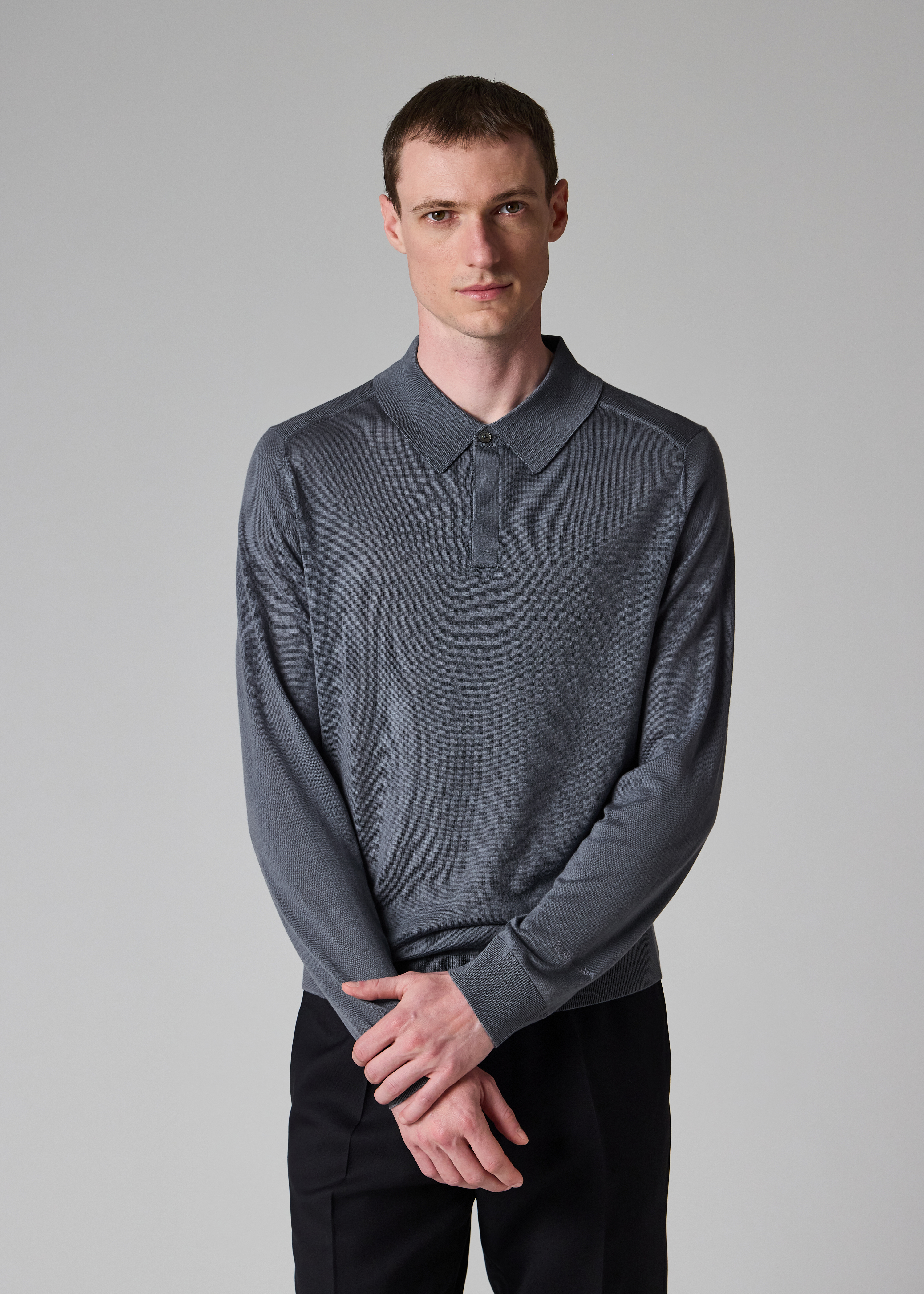 Steel Blue Merino Wool Knitted Long-Sleeve Polo Shirt