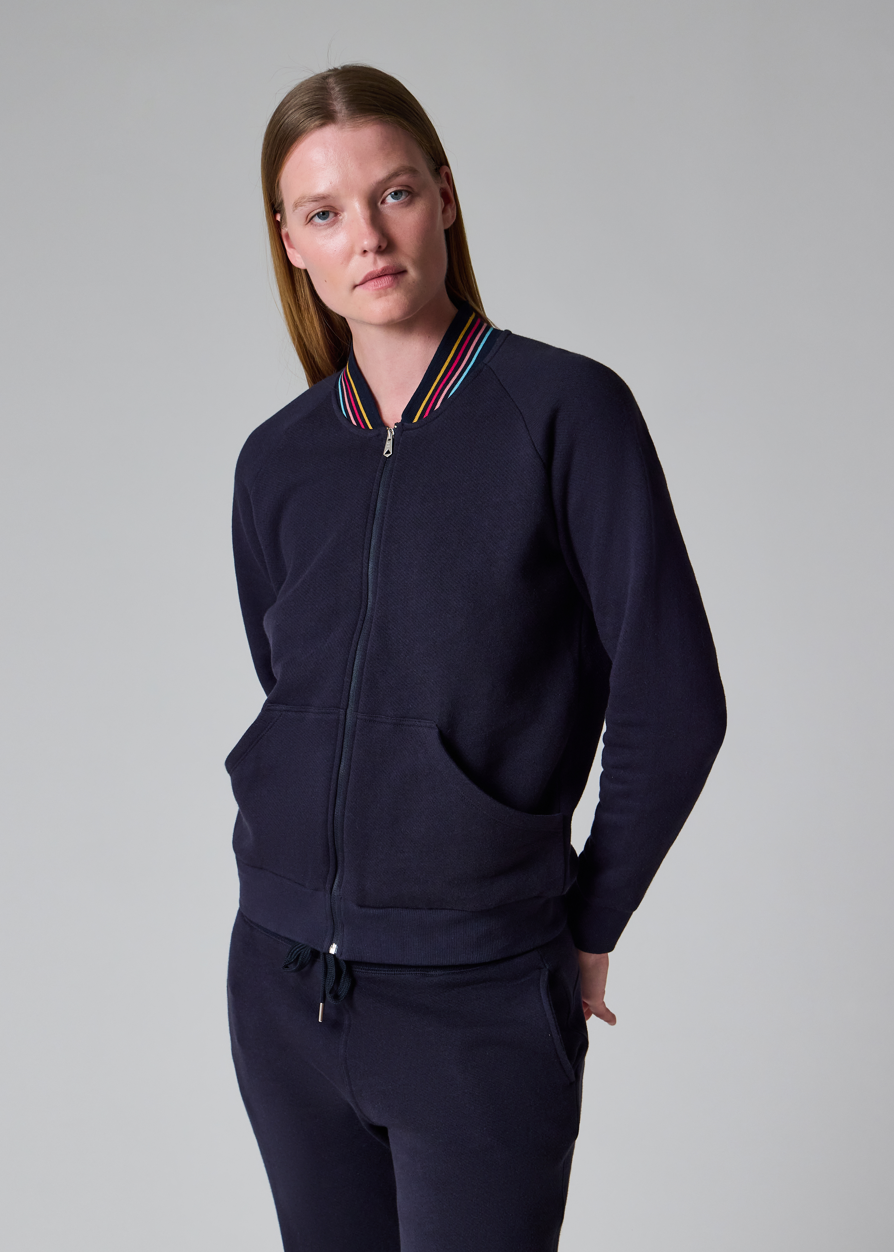 Women's Navy 'Swirl' Ribbed Collar Lounge Bomber