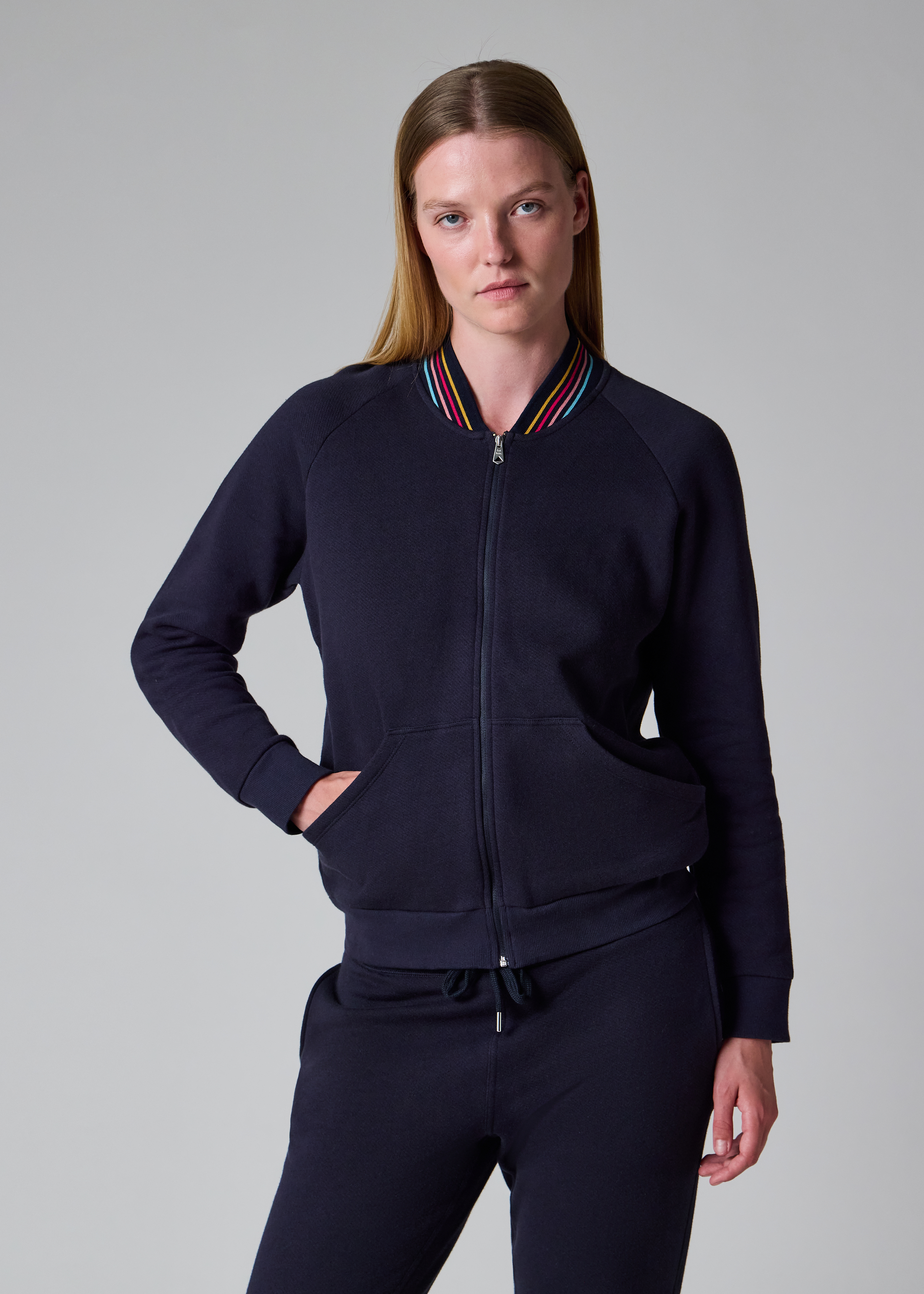 Women's Navy 'Swirl' Ribbed Collar Lounge Bomber